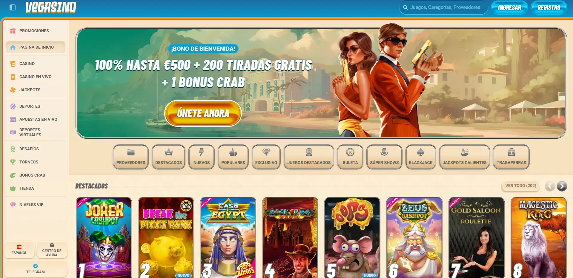 Vegasino main menu