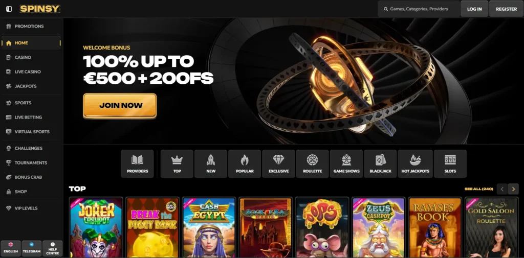 Spinsy Casino menú